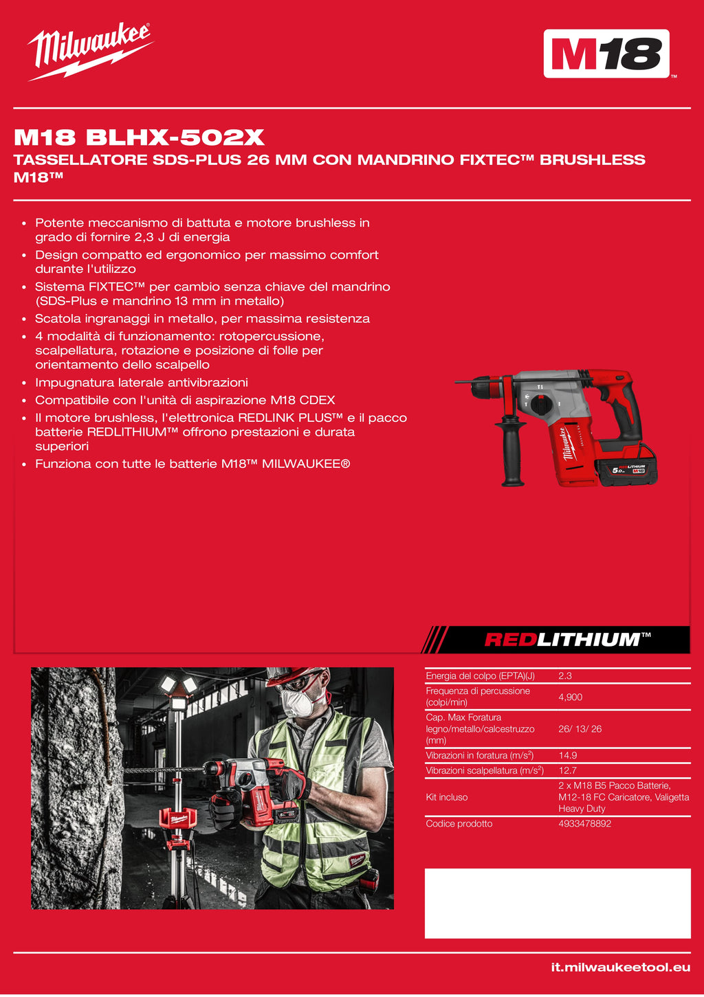 26 mm SDS-Plus hammer drill with FIXTEC™ brushless M18™ chuck