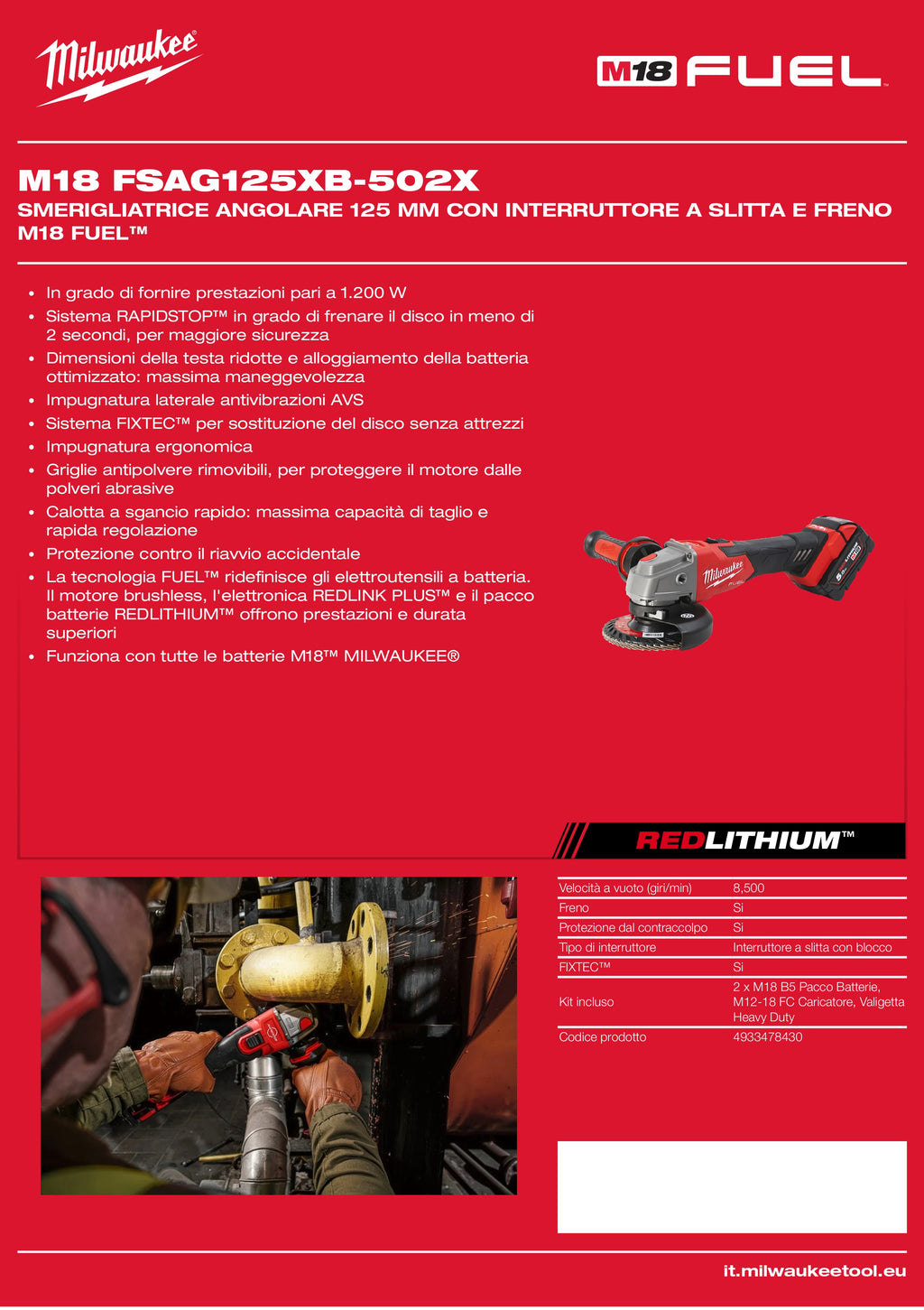 Smerigliatrice angolare 125 mm a testa piatta con interruttore a slitta e freno M18 FUEL™
