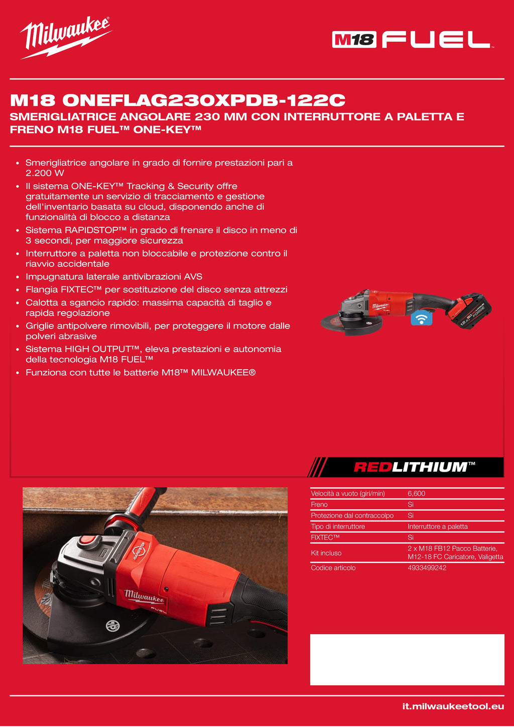 230mm Angle Grinder with Paddle Switch and Brake M18 FUEL™ ONE-KEY™
