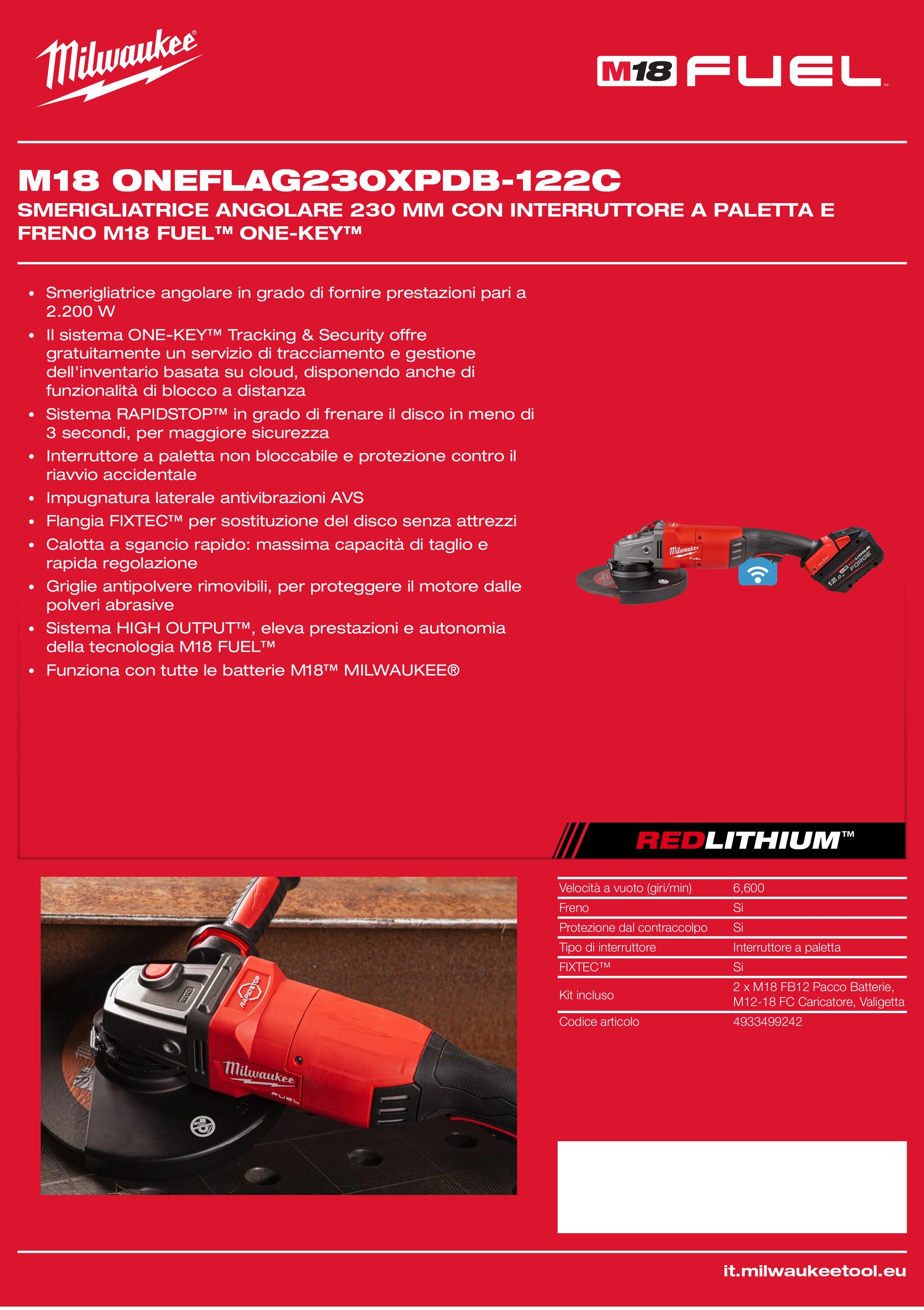 230mm Angle Grinder with Paddle Switch and Brake M18 FUEL™ ONE-KEY™