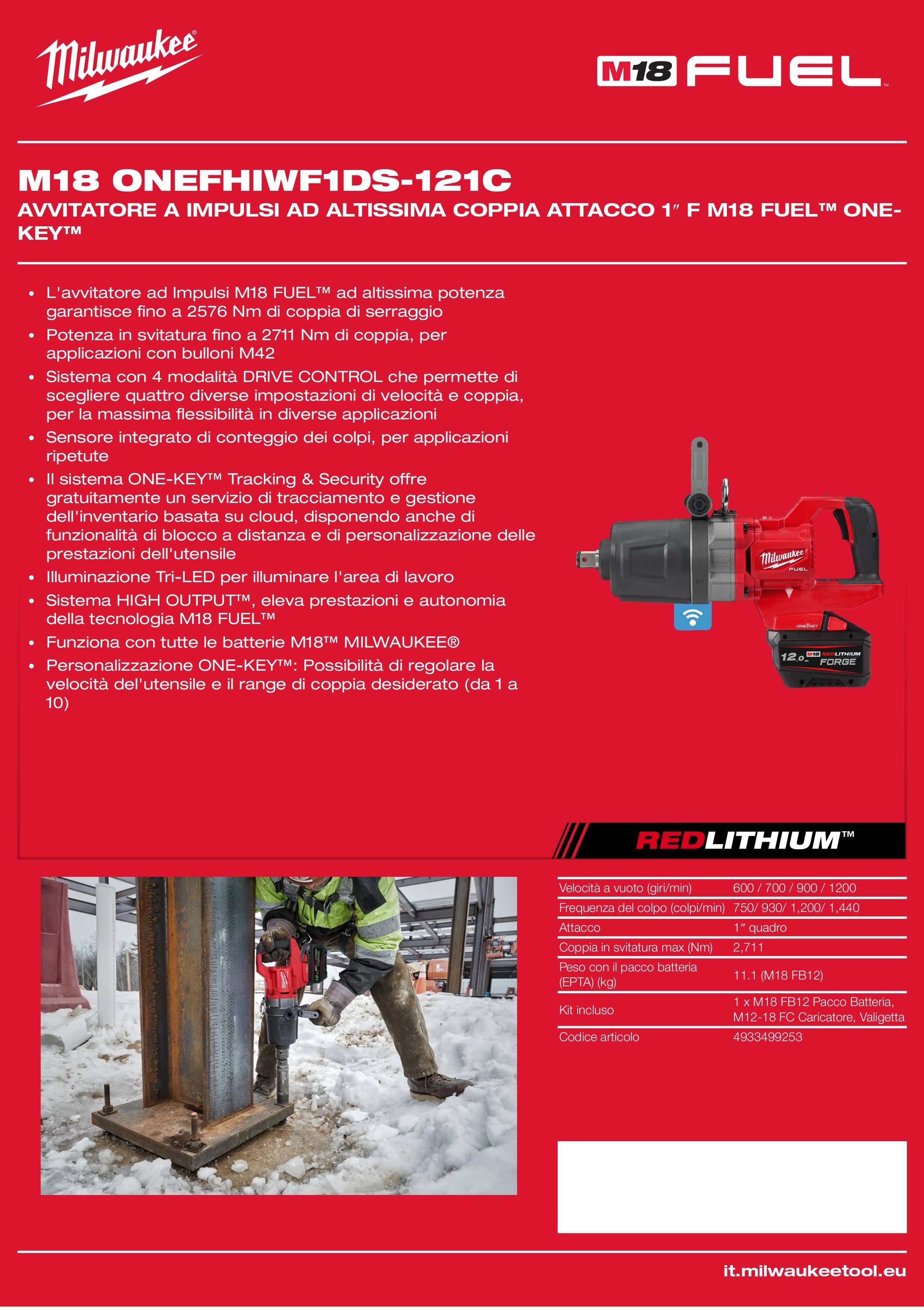 FUEL™ ONE-KEY™ ultra-high torque impact wrench, 1″ F M18 attachment